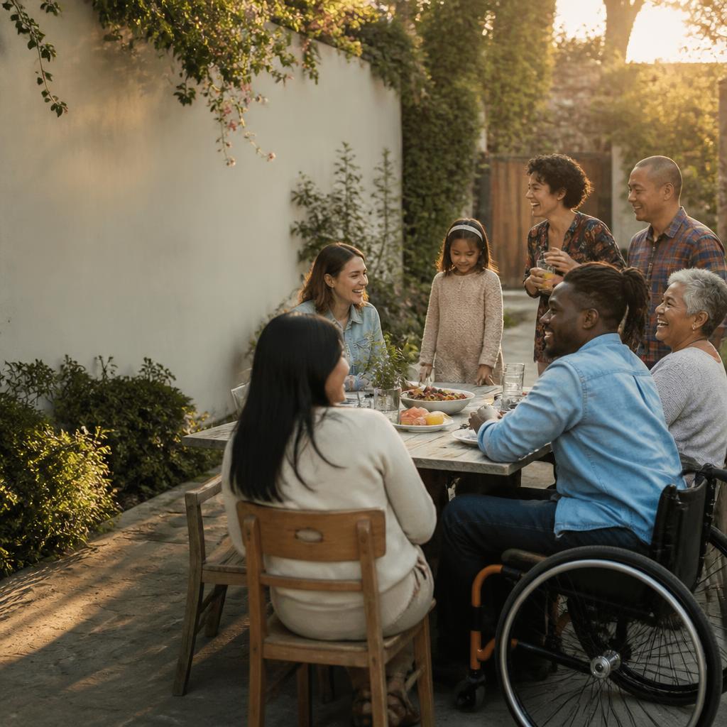 People of different ages sharing conversation and laughter at an outdoor community table, including a wheelchair user